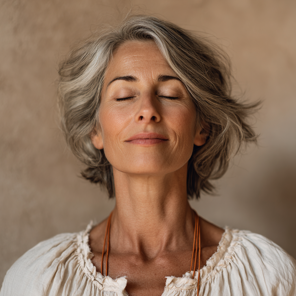 Peaceful Ukrainian woman in her 50s practicing gentle yoga poses in natural sunlight, demonstrating flexibility and inner peace