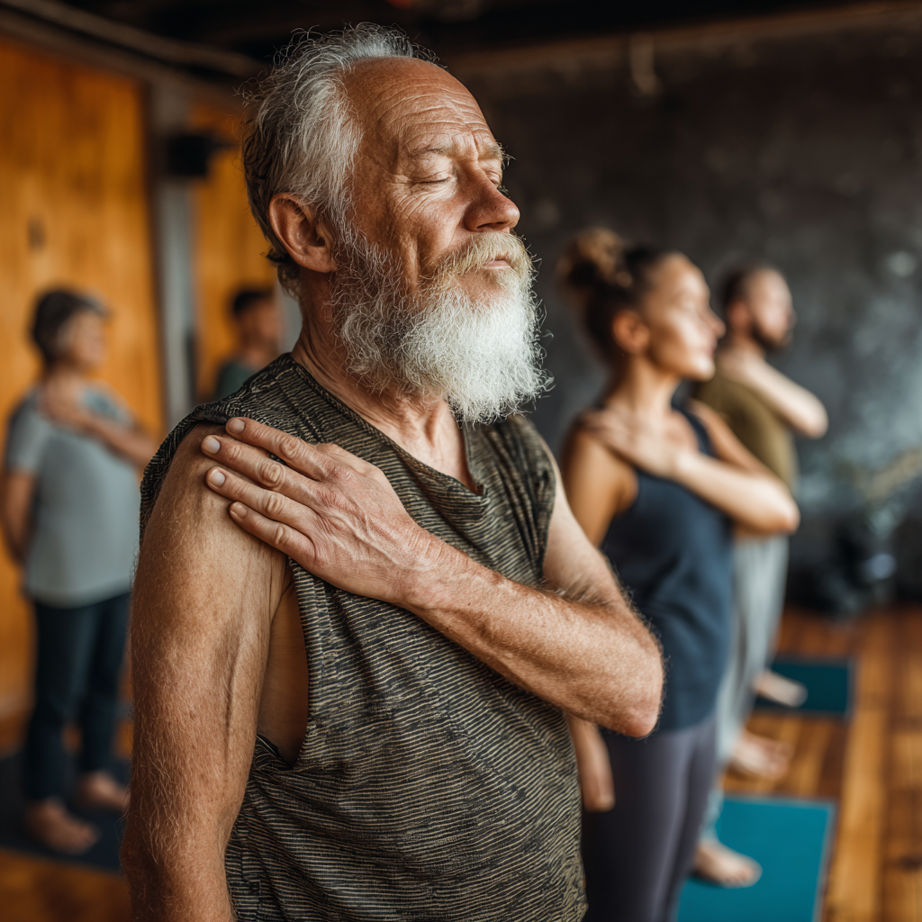 Diverse group of Ukrainian adults aged 35-65 practicing yoga together in a serene studio, showing people of different ages supporting each other in their wellness journey